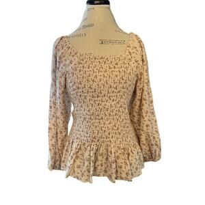 Polagram Boutique Smocked Floral Peplum Blouse Cream/Rust SZ Large EUC